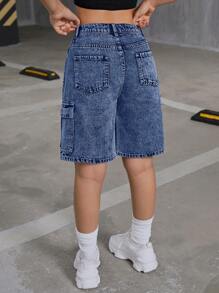 SHEIN 青少年女孩 Y2K 时尚低腰翻盖口袋宽松牛仔工装短裤，青少年女孩返校服装 - 深色水洗藍 - 查看 2