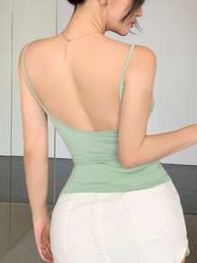 DAZY Women's Summer Slim-Fit Casual Backless Solid Green Cami Top For Spring Tank Tops - Green - View 4