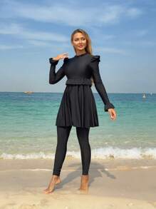 SHEIN Swim Mulvari Women's New Modest Two-Piece Swimsuit With Ruffle Design, Long Sleeve Round Neck Top And Long Pants, Conservative Style, For Summer Beach Vacation