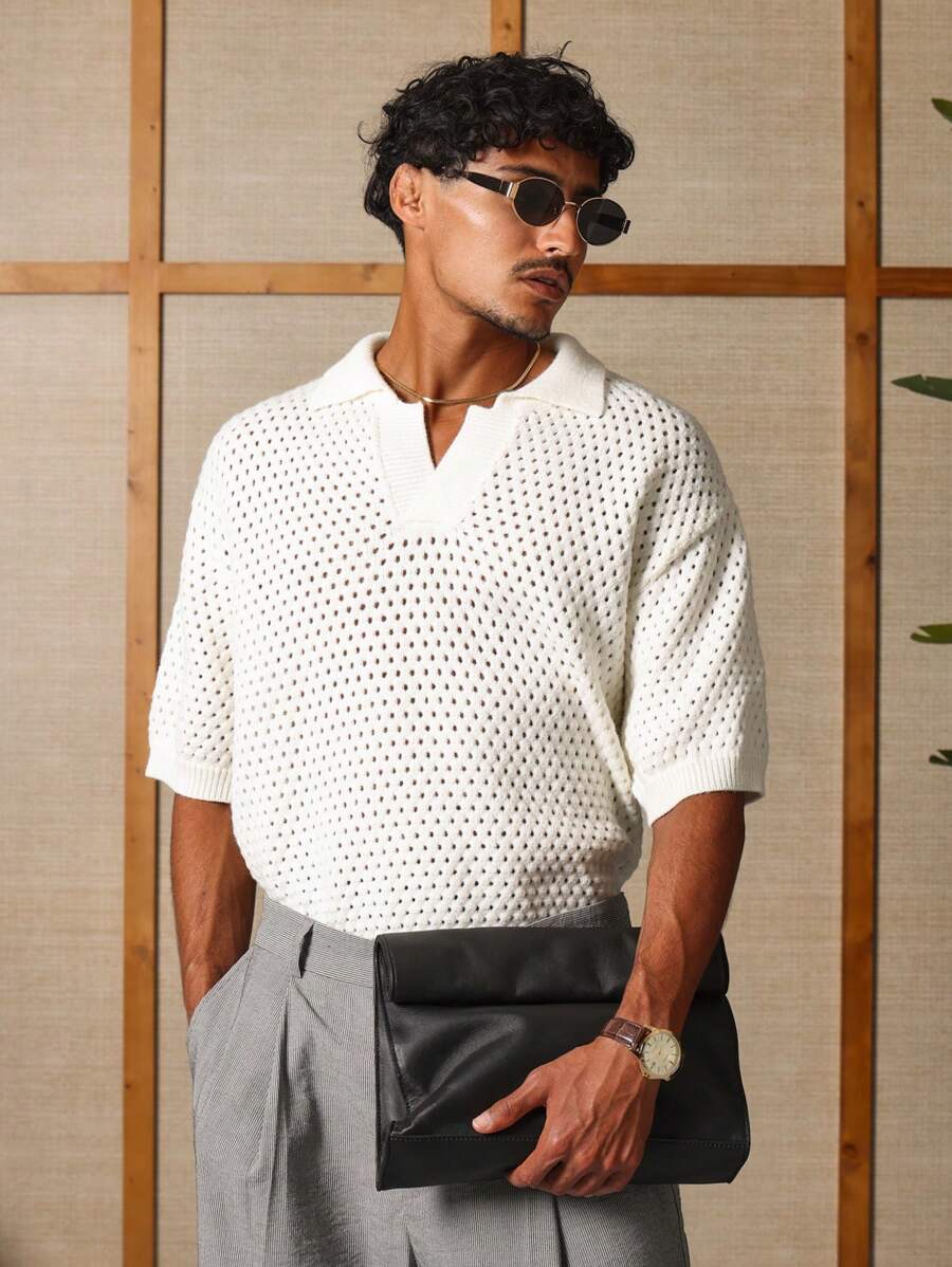 SUMWON Maglione polo lavorato a maglia aperta, maniche corte, capo leggero estivo di lusso, abbigliamento casual retrò da golf, resort o spiaggia
