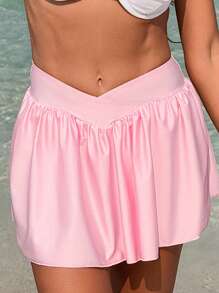 SHEIN Swim Regular Ruffle Hem Swim Shorts For Women, Pink - Pink - View 4