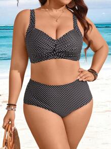 Swim Lushoire Plus Size Women 2pcs Polka Dot Printed Set, Thick Strap Twist Front Top And High Waist Triangle Bikini, Holiday Swimwear, For Summer Beach Vacation - Black and White - View 6
