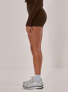 Musera Sport 罗纹高腰无缝修身运动短裤，适合板式网球、网球、匹克球、健身房、瑜伽、普拉提、日常休闲穿着 - 咖啡棕 - 查看 4