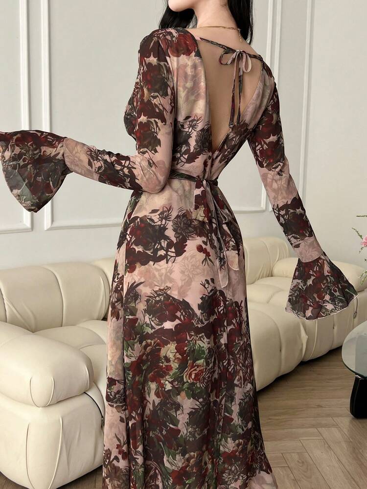 Women's Full Print V-Neck Long Sleeve Open Back Tie Strap Resort Style Dress Floral Elegant,Ruffle