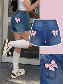 SHEIN MOD Plus Size Blue Denim Shorts High Elastic Denim Tight Shorts Sweet Bow On Back Pocket Spring And Summer Shorts Sweet