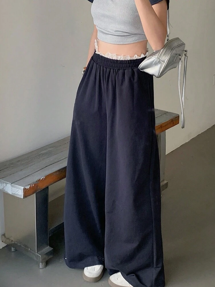 Women's Contrast Color Street Style Lace Patchwork Casual Wide Leg Pants Fall,Winter