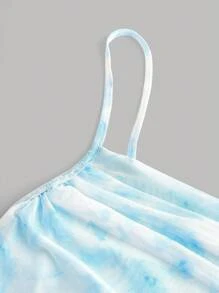 SHEIN Girlism 少女花卉图案网眼休闲褶饰吊带连衣裙，生日装 - 藍色 - 查看 3
