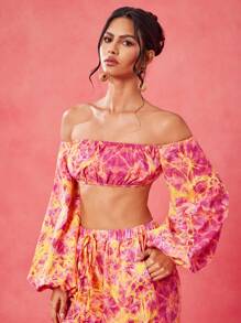 JIAN LASALA Women Multicolor Tops Boho Off The Shoulder Long Sleeve Floral,Plants,All Over Print Knot,Drawstring Summer For Women Summer Tops Vacation Going Out - Multicolor - View 6