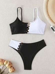 SHEIN Swim Springbreak Women's Summer Beach Multicolor Hoop Strap Patchwork Bikini Set, Festival Boho Style - Black and White - View 4