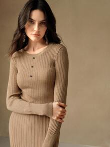 Anewsta 金属纱罗纹针织美人鱼下摆长袖连衣裙，Old Money，春季 - 杏色 - 查看 7