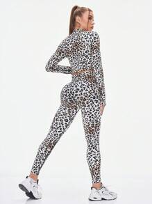 Gameset SHEIN Sport Completo sportivo da donna composto da Maglietta a maniche lunghe e leggings con stampa leopardata - Multicolore - Visualizzare 1