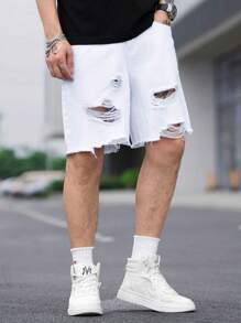 Manfinity Homme Plus Size Men's Casual Denim Shorts, Minimalist And Fashion For Daily Wear - White - View 3