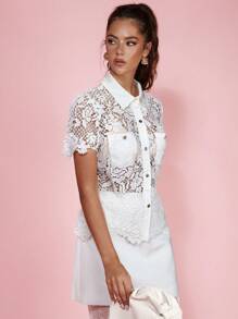 COSMINA Women's Front Button Short Sleeve Pocket Casual See-Through Shirt - White - View 3