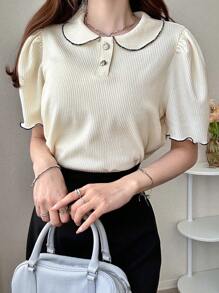 FRIFUL 女式杏色 Polo 领 T 恤，撞色滚边和泡泡袖，夏季可爱上衣