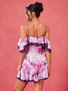 By Lucila Fernandez 设计师波西米亚风紫色花卉印花露肩荷叶边连体衣，适合女性节日、热带、夏季、海滩、音乐会、优雅、度假 - 紫色 - 查看 5