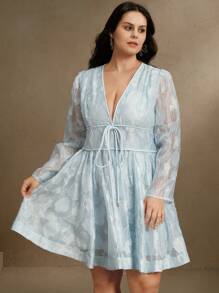 Anewsta 优雅提花镂空系带领口收腰高低下摆连衣裙，节日、外出、度假装，女士春季 - 藍色 - 查看 5