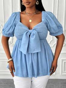 Maweii Blusa de mujer talla grande de unicolor con nudo delantero y dobladillo con volantes - Azul - Ver 2
