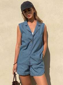 Livesso Women Button Front Sleeveless Casual Top And Denim Shorts Set