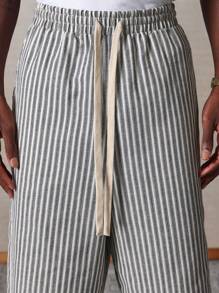 SUMWON Bermuda premium in lino a righe, casual, per l'estate e la spiaggia, con coulisse, vestibilità rilassata, lunghezza al ginocchio, abbigliamento da resort - Grigio - Visualizzare 7