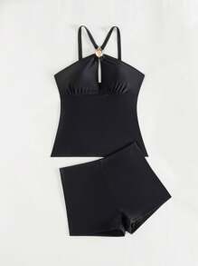 SHEIN Swim Bộ đồ bơi Tankini trang trí bằng kim loại rỗng màu đen 2 món, áo crop top và quần short phong cách Boyshort, lễ hội nghỉ xuân Boho - màu đen - Xem 5