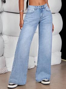 SHEIN Tall Low-Rise Wide Leg Jeans, Casual Minimalist Style For Everyday Wear - Blue - View 5