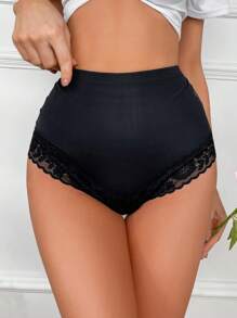 1pc Ladies Seamless Shapewear Panties With Elegant Lace Patchwork Design - Black - View 5