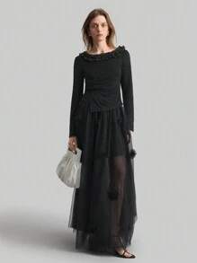 Ontre Damen Schwarze Langarm Strick Bluse mit floraler Verzierung und Rückenausschnitt, Sommer Damen Frühling Oberteile Langarm Damen Tops