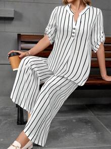 EMERY ROSE Women's Striped Two-Piece Set: Casual V-Neck Shirt And Wide Leg Pants Set