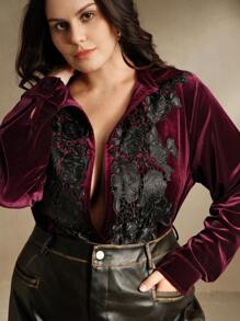 Anewsta Encore Red 优雅时尚长袖贴花天鹅绒亮面大码女式衬衫上衣，适合情人节和新年装扮