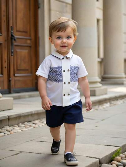 SHEIN Conjunto de 2 piezas para bebé niño compuesto por una chaqueta de punto de manga corta con cuello a rayas azul y blanco, y un short de unicolor con cintura elástica, para el verano