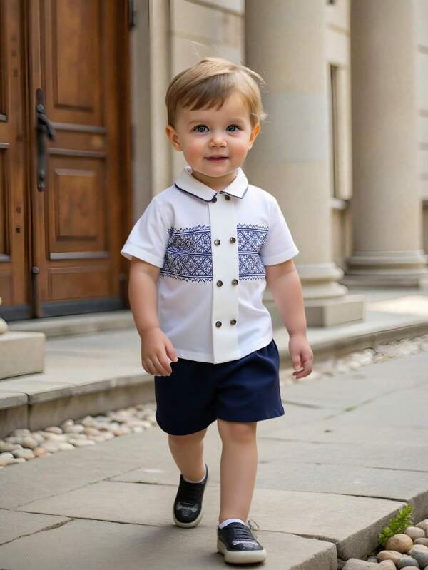 SHEIN Baby Boy Blue & White Striped Collar Short Sleeve Cardigan Top And Solid Color Elastic Waist Shorts 2 Pieces Set, Summer