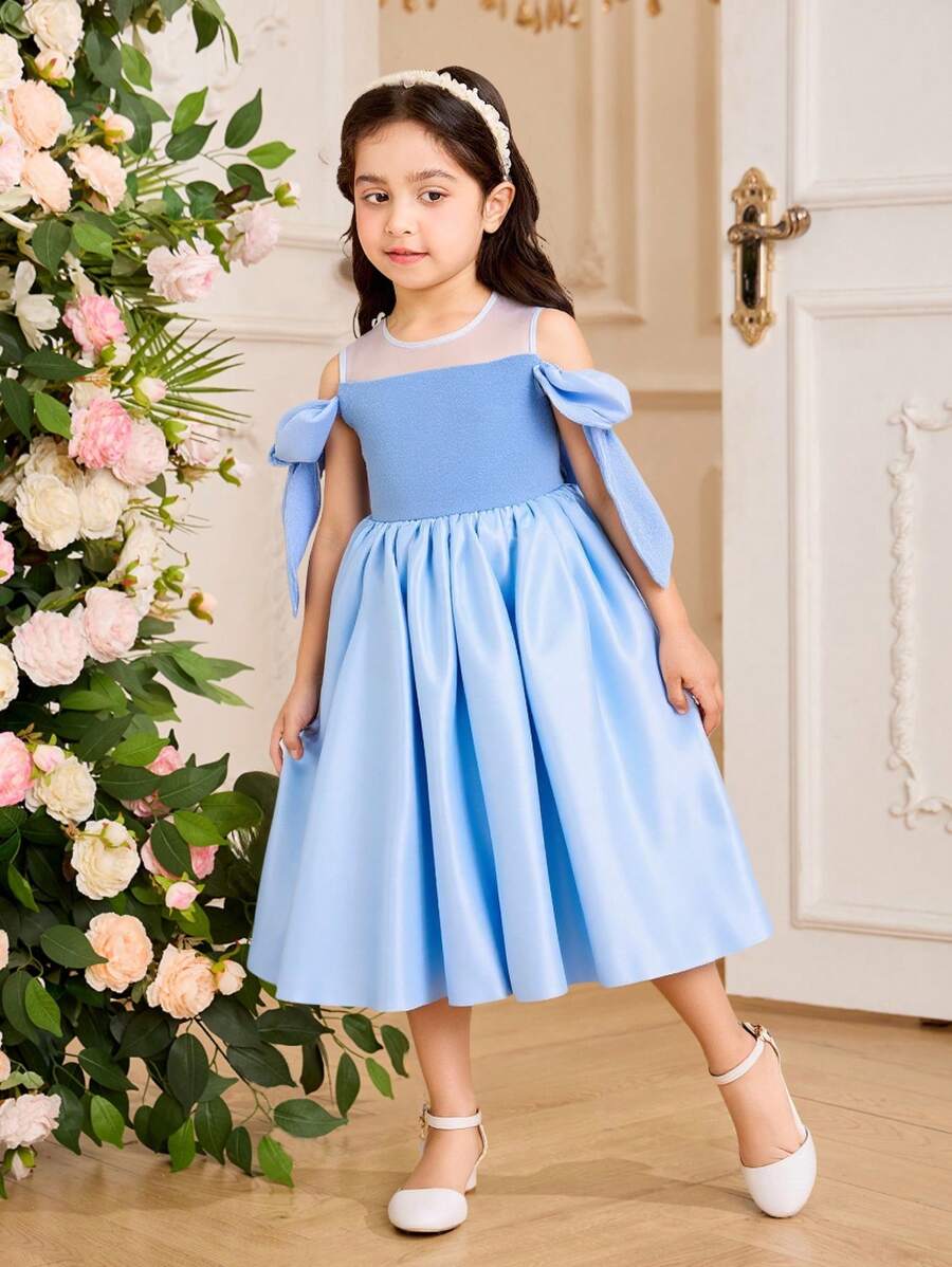 SHEIN Glamorique Kids Young Girls Party Dress, Waist Cinched Puff Dress, Round Neck Bow Elegant Banquet Dress, Flower Girl Dress, For All Seasons - Blue - View 1