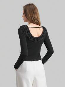 Ontre Damen Schwarze Langarm Strick Bluse mit floraler Verzierung und Rückenausschnitt, Sommer Damen Frühling Oberteile Langarm Damen Tops