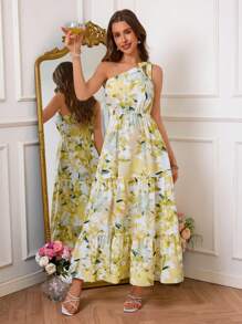 SHEIN VCAY Vestido largo de mujer con cuello de hombro, lazo y estampado romántico para vacaciones de verano, ideal para fiestas, bodas, festivales de música, citas, fiesta con amigos o para la oficina