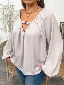Flirla Plus Size Casual Romantic Solid Deep V Ruched Loose Short Sleeve Shirt - Dusty Purple - View 5
