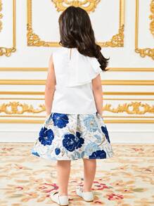 2pcs Set Young Girl Woven Solid Coloured Ruffle Collar Top And Printed Mini Skirt - Multicolor - View 2