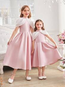 SHEIN 青少年女孩优雅撞色拼接工字背设计立领连衣裙 - 粉色 - 查看 2