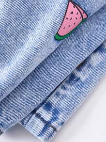 SHEIN Babymeisje 2025 Nieuwe schattige fruit- en bloemenprint blauwe denim skort Kid Girls Lente en zomer casual vakantie Country Boho-kleding, strandoutfits voor kidmeisjes, western streetwear voor meisjes, springbreak-outfits, vakantie-outfits voor meisjes kort