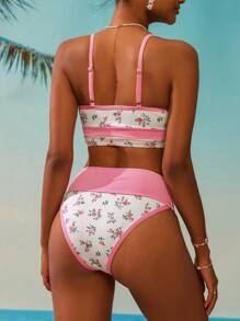 Swim Mod Women's Ditsy Floral Color Block Top And Bottom Swimwear Bikini Set, For Summer Beach Vacation - Multicolor - View 2