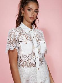 COSMINA Women's Front Button Short Sleeve Pocket Casual See-Through Shirt - White - View 6