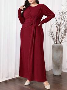 Modelyn Plus Size Elegant Solid Color Twist Knot Long Dress - Burgundy - View 6