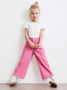 THE HAPPY LOOK Young Girls Loose Fit Embroidered Straight Leg Pink Casual Jeans, Autumn/Winter