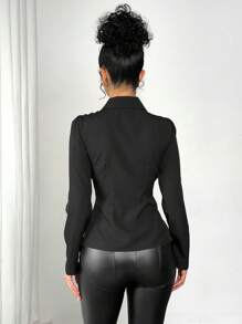 Chiquease Women's Solid Color Front Button Long Sleeve Casual Slim Fit Blouse Fall Cloth For Women - Black - View 2