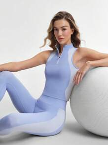 Lifespree Women Solid Color Splice Simple Fitted Seamless High Elastic Yoga Set