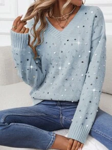 SHEIN LUNE 女士亮片 V 领长袖毛衣 - 淺藍色 - 查看 1
