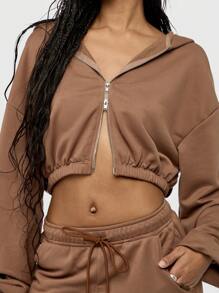 SUMWON WOMEN Cropped Zip-Up Hoodie With Elastic Hem Athleisure Workout Sports Casual Lounge Wear Spring Summer Streetwear Fashion Hooded Sweatshirt