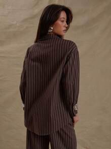 MUSERA Oversized Longline Button Down Collared Pinstripe Long Sleeve Shirt Vacation Business Casual Holiday Back To School  Elegant Spring Summer - Multicolor - View 3