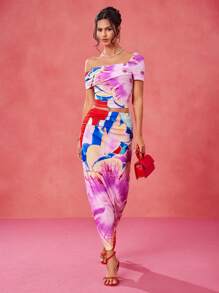EBIB Designer Floral Printed Asymmetric Ruched Shoulder Top And Skirt Two-Piece Elegant Romantic Rave Set, Festival Resort Outfits Party Outfit Resort Dresses For Women Resort Wear For Women Party Outfit Party Dresses For Women Cocktail Dresses Resort Wear 2025 Women Set Vacation Outfits Women Resort Wear - Multicolor - View 7