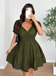 Vionelle Plus Size V-Neck Chiffon Puff Sleeve Ruched Dress - Army Green - View 5