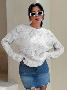 Women Hollow Out Detailed Round Neck Sweater Pullover Summer Vacay Mood Holiday White Party Crochet Going Out Outfit